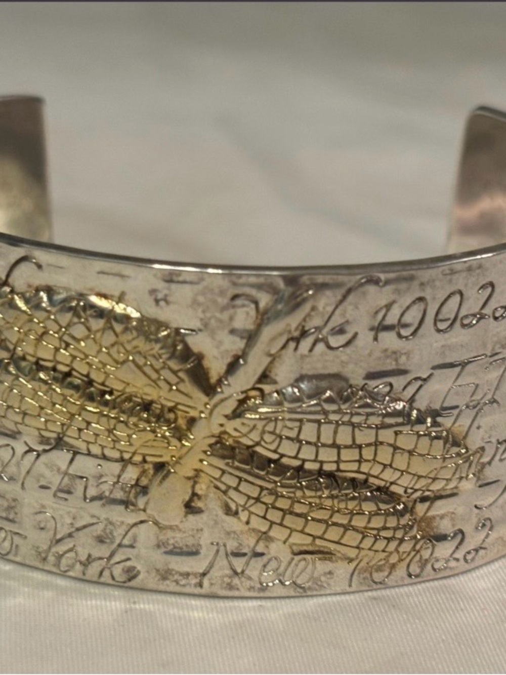 Tiffany & Co Notes Collection Silver Cuff Bracelet with Gold Dragonfly Accent
